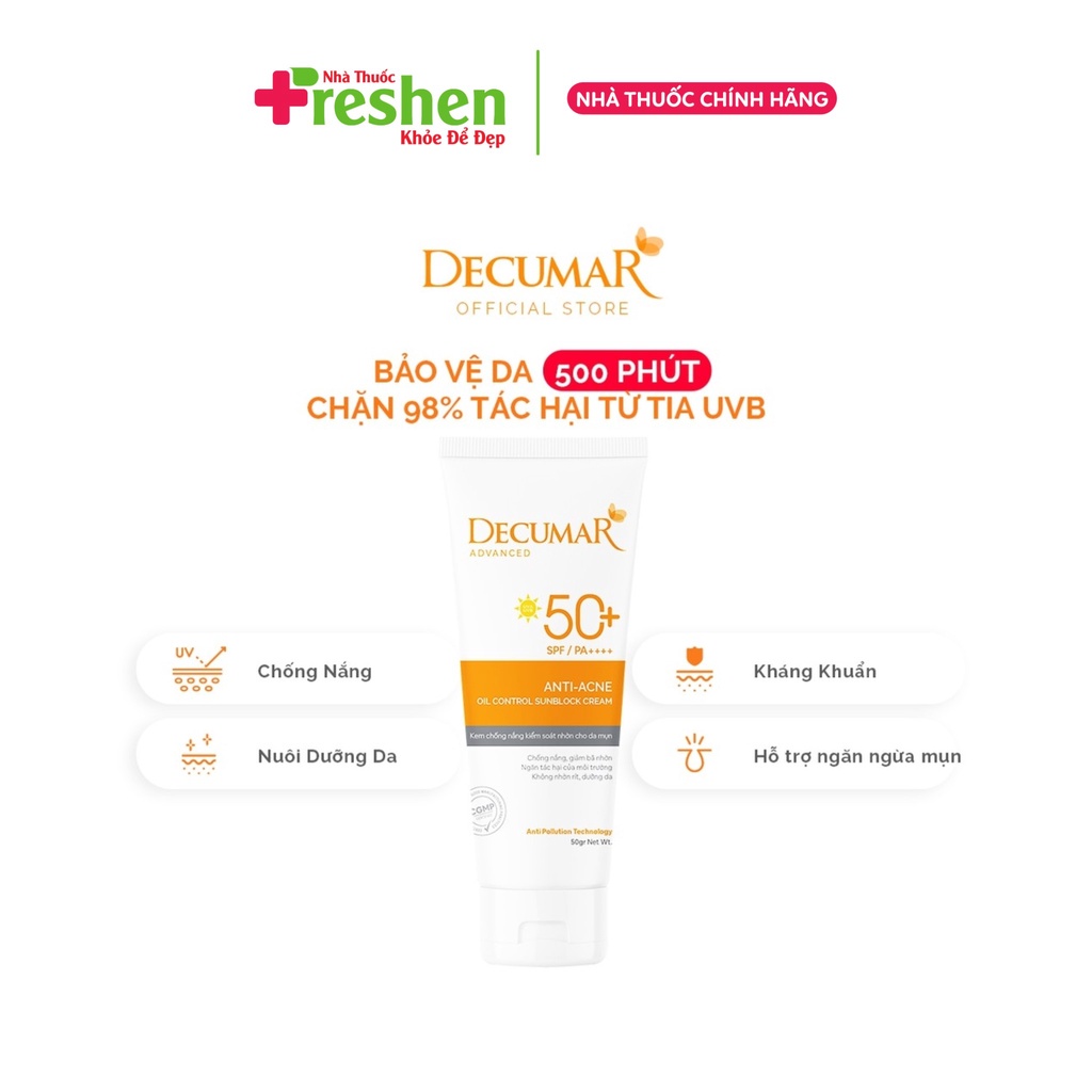 Kem Chống Nắng kiềm dầu nâng tone chuyên biệt cho da mụn Decumar Advanced Sunblock SPF50 (50gr)