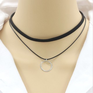 Vòng cổ choker dây chuyền nữ vải màu đen 2 tầng mặt hình học phong cách hàn quốc cá tính