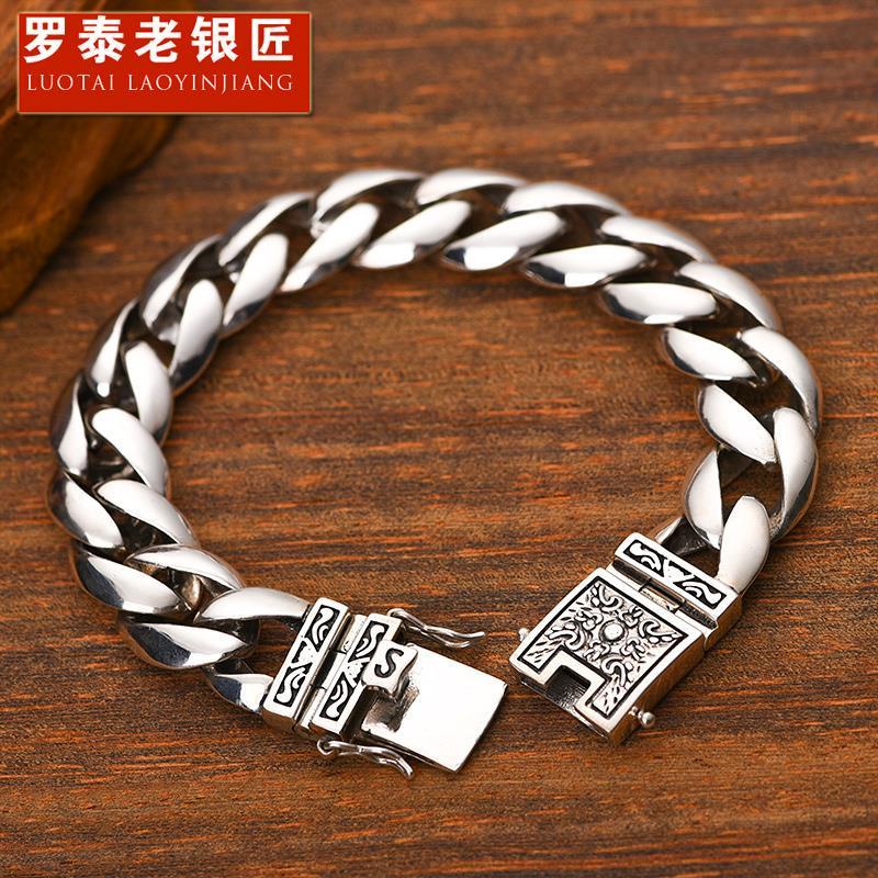 Luotai Old Silversmith Nam Bạc 925 Chữ Vòng Tay Nam Đơn Giản Phiên Bản Hàn Quốc Hợp Thời Trang Punk 