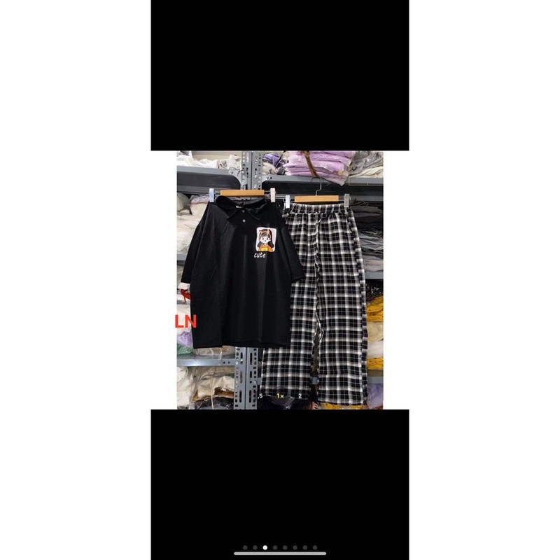 Sét áo polo cô gái cute+quần kẻ ô LN11