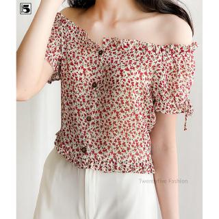 Áo nữ trễ vai bèo gấu áotay bèo cài cúc Twentyfive N160