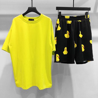 Set áo thun xanh neon + short vịt đen hình thật unisex