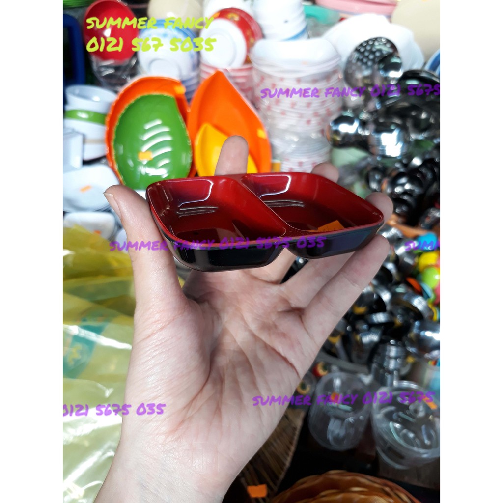 Chén đĩa gia vị 2 ngăn 9 x 7.3cm / Dĩa tương 2 phần đen, nâu kem - small bowl F-C101