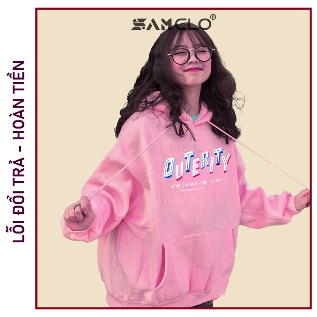 Áo khoác nỉ nữ SAM CLO hoodie chui có mũ NỈ 1 LỚP tay dài thu đông freesize dáng unisex in chữ OUTERITY