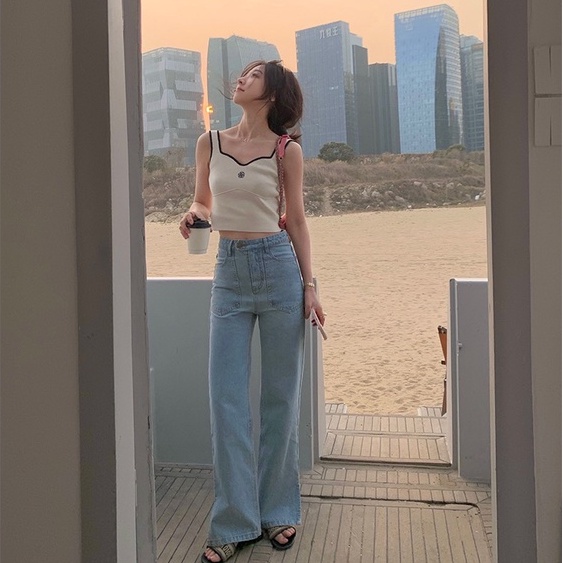 QADCOL Áo Hai Dây Dệt Kim Thêu Hoa Trà Xinh Xắn Cho Nữ