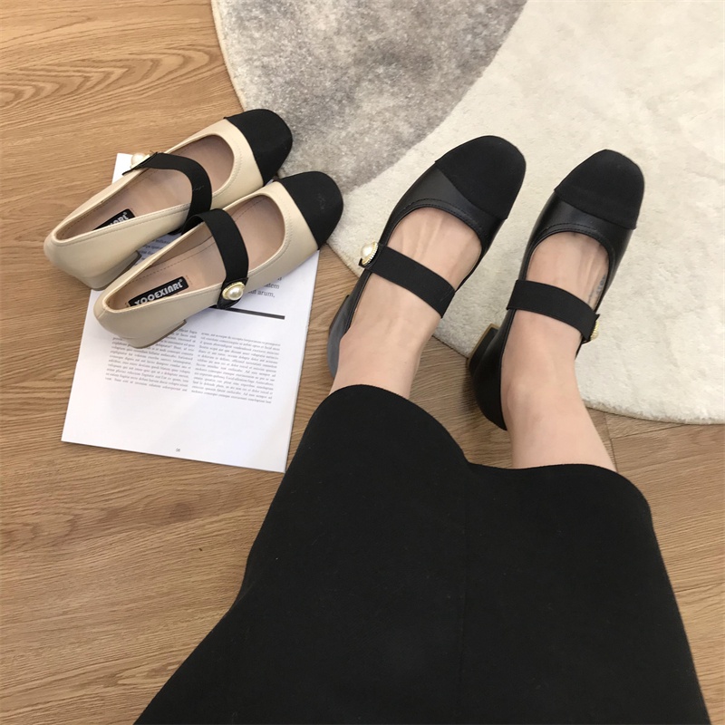 Giày Búp Bê Mũi Tròn Gót Dày Phối Dây Đính Ngọc Trai Thời Trang Pháp Màu Sắc Phù Hợp Cho Bạn Nữ