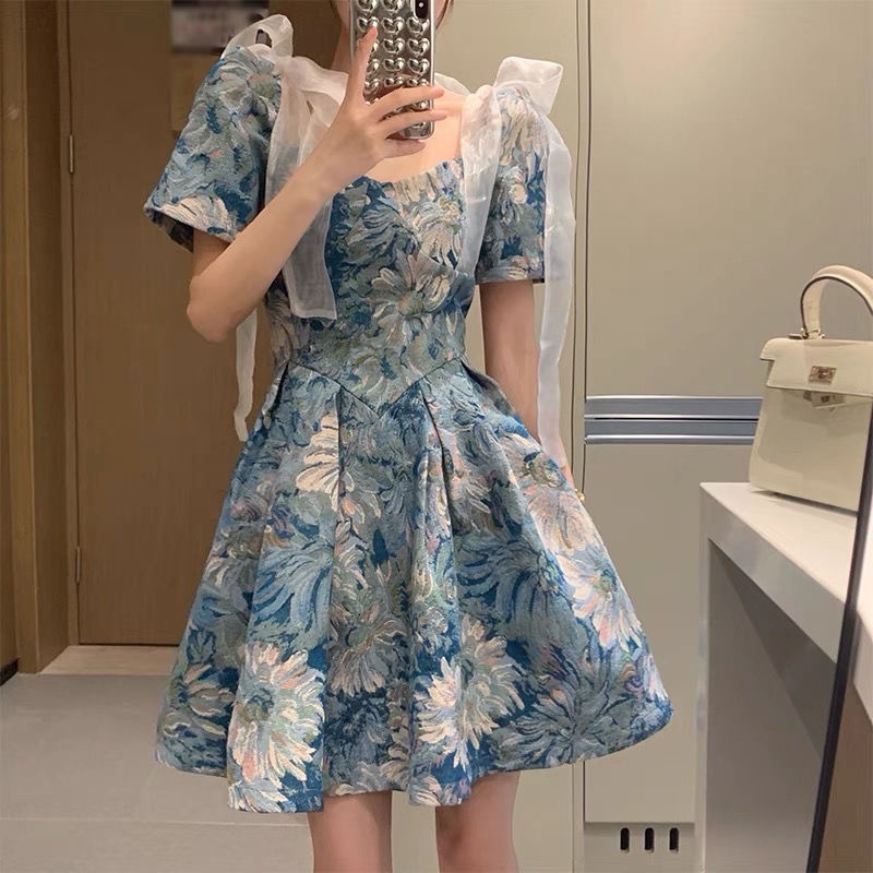 Đầm Ngắn Dáng Ôm Cổ Vuông Kiểu Công Chúa Thời Trang Mùa Hè Pháp Cho Nữ