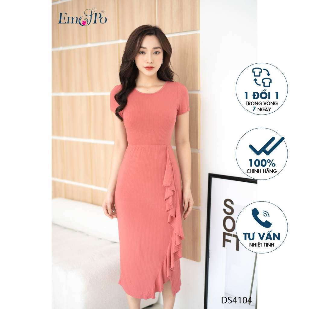 Đầm thun ôm cổ tròn, bèo dọc chân váy Emspo DS4104