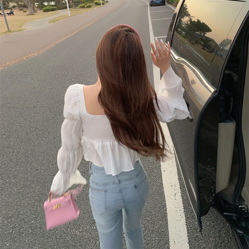 IELGY Korean style sweet V-neck ruffled long-sleeved shirt for women