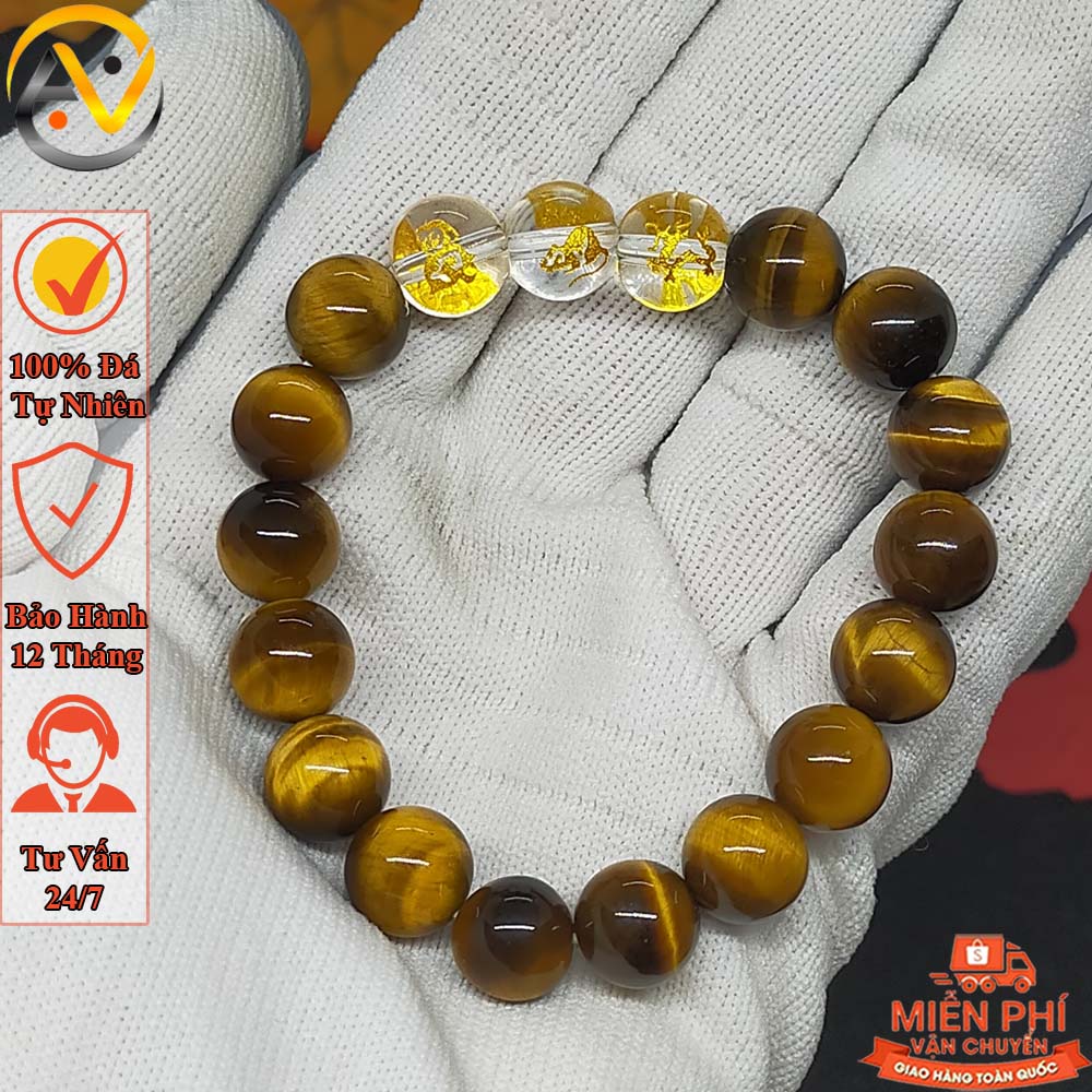 Vòng phong thủy tam hợp thân tý thìn mắt hổ vàng nâu - Vòng tay phong thủy mệnh thổ - Bảo hành 12 tháng