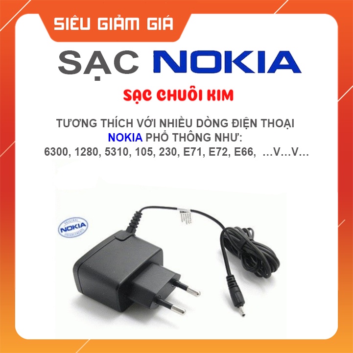 Cục Sạc Nokia Chân Kim, Sạc Chuôi Nhỏ Dùng Cho Nokia 1110i, 1202, 1280, 1200, 6300, 2700, E71, E72,…