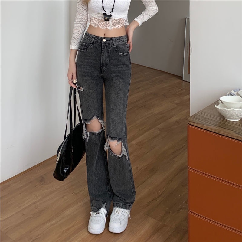 Quần Jeans ống rộng màu xám phối rách thời trang mùa thu cho nữ 2021