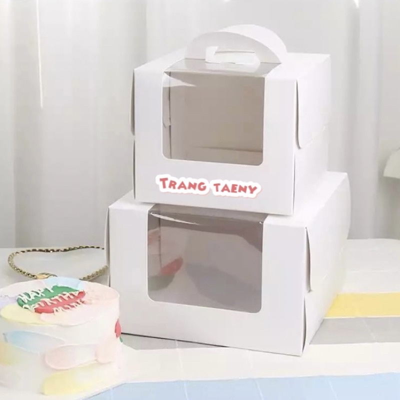 Hộp bìa Ivory đựng bánh sinh nhật quai xách trắng (ko kèm đế)