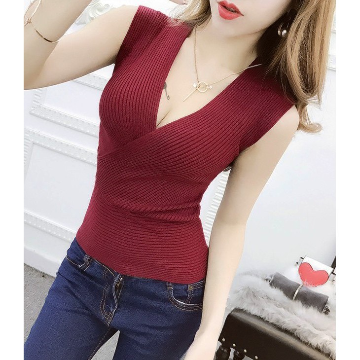 Áo sát nách thun len gân to, co giãn cổ V