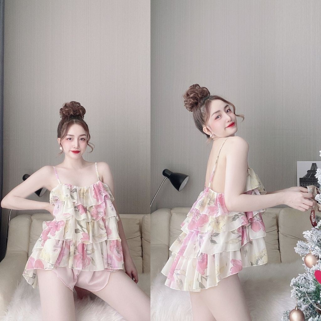 Bộ đồ ngủ nữ sexy 2 dây TUTA bộ ngủ lụa satin phối chiffon cao cấp - MK02