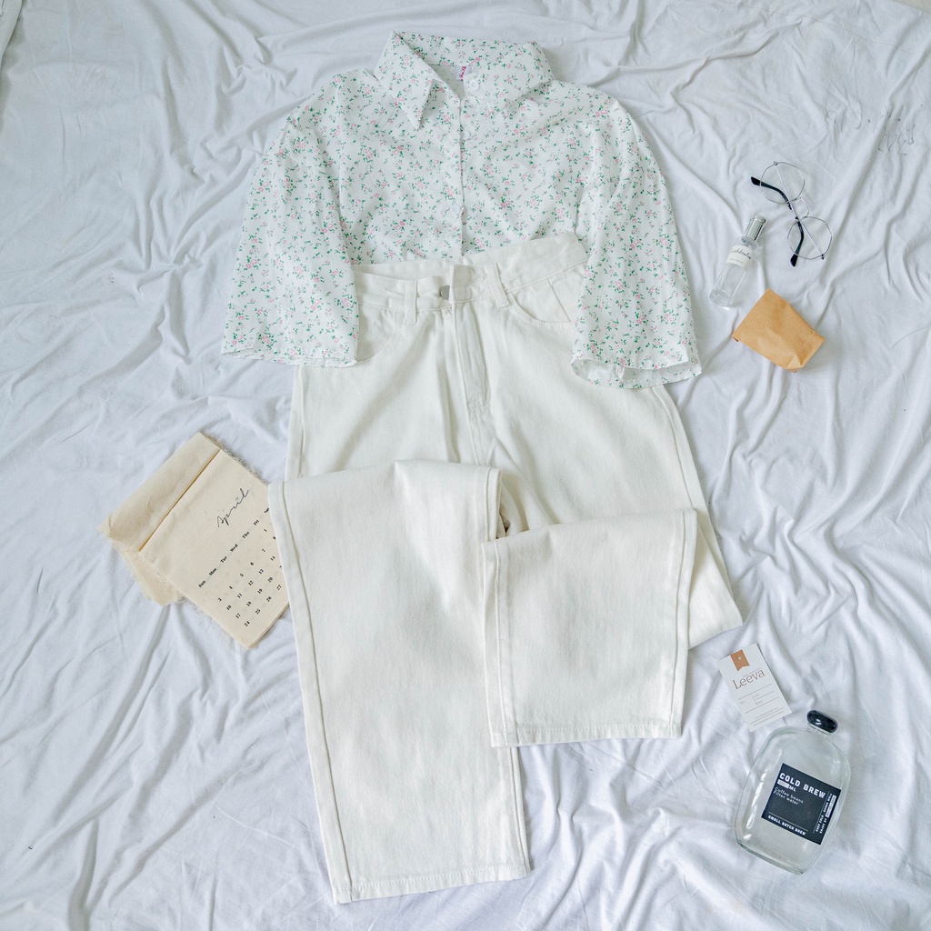 LEEVA - Áo sơ mi nữ tay ngắn phối họa tiết hoa nhí phong cách nhẹ nhàng A251