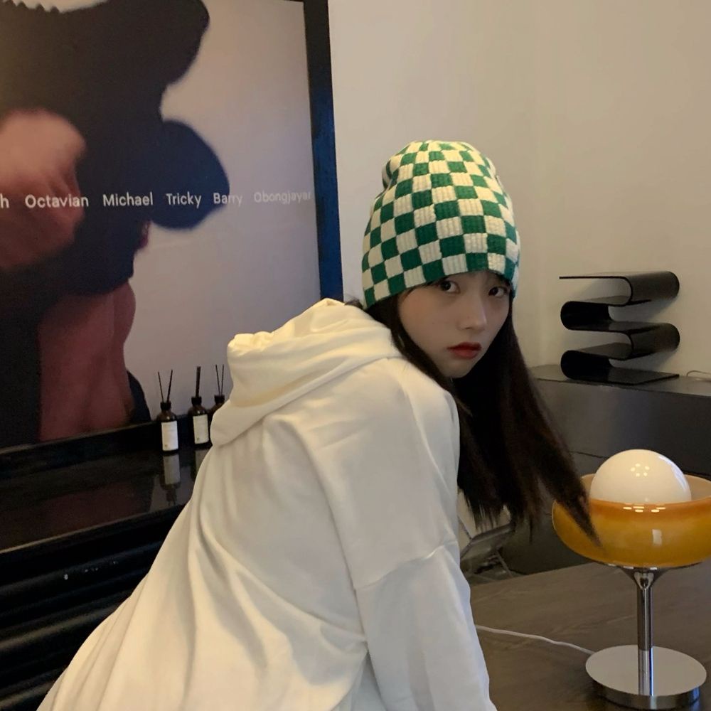 Nón len giữ ấm họa tiết sọc caro phong cách Hàn Quốc dễ phối đồ cho nữ