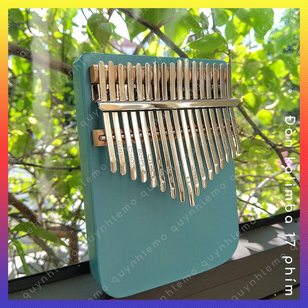 Đàn kalimba 17 phím màu xanh QUYNHLEMO bo tròn góc dưới, Kalimba 17 phím gỗ nguyên khối tặng đủ phụ kiện