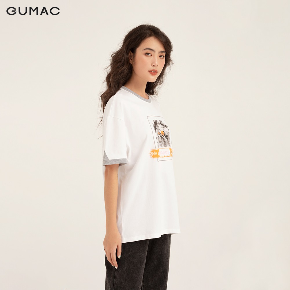 [Mã WABRGU giảm 50k đơn từ 0đ] Áo thun nữ phom rộng in phối viền GUMAC đủ màu freesize phong cách năng động ATB123 | BigBuy360 - bigbuy360.vn