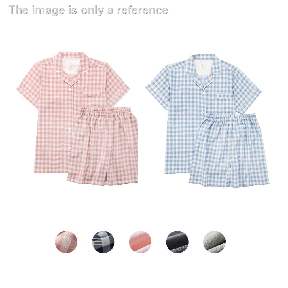 MUJI  Bộ Đồ Ngủ Pijama cotton Ngắn Tay Hai Lớp Sợi Kẻ Sọc Caro Cho Cặp Đôi
