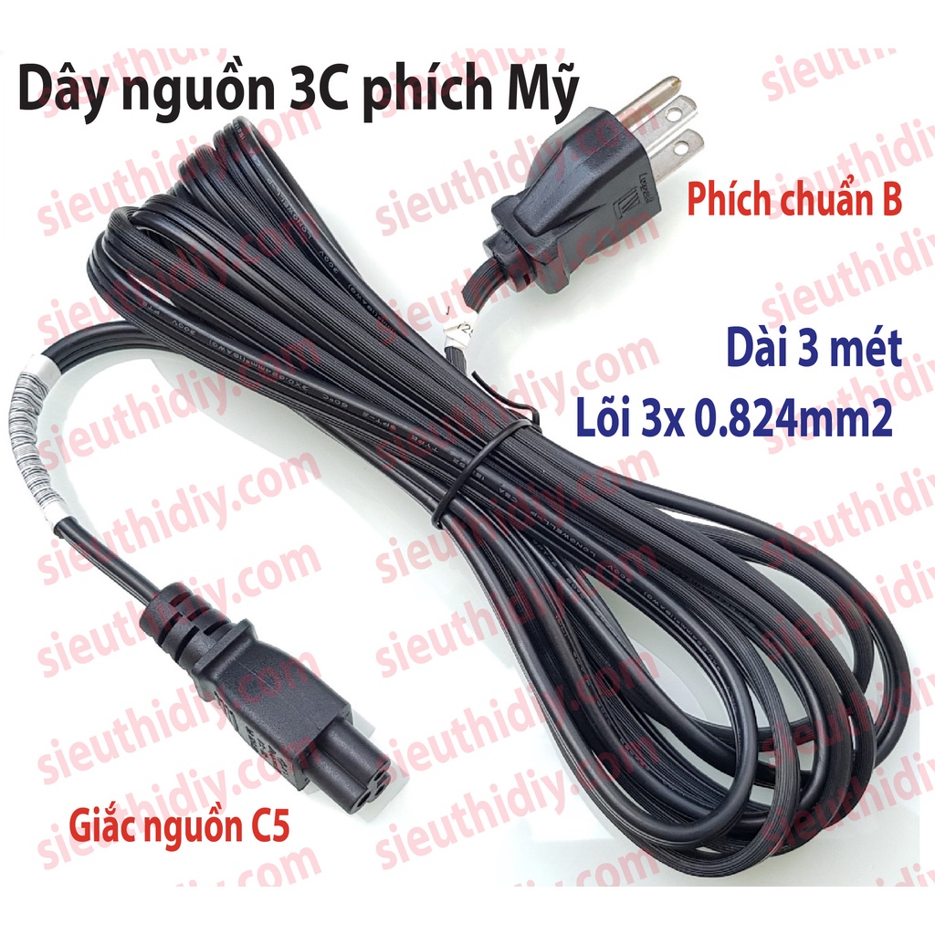 Dây nguồn AC phích 3 chân Mỹ, ra giắc 3 lỗ C5 dài 3 mét