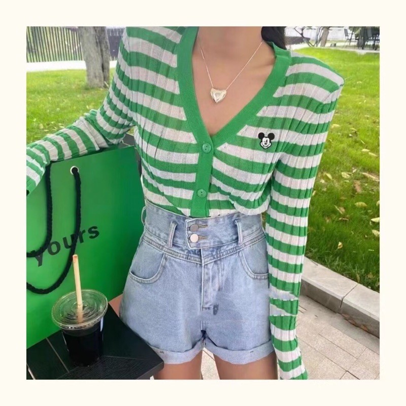 Áo len cardigan dáng croptop Gucci GC hàng cao cấp cổ chữ V siêu xinh kẻ ngang