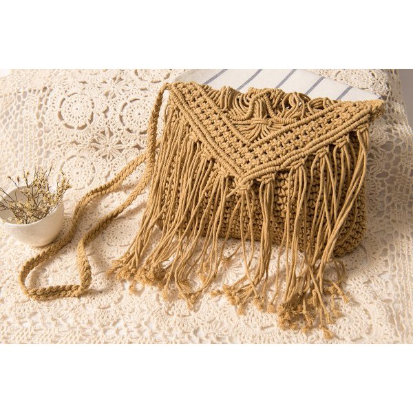 [NowShip - Giao Ngay] Túi Cói Boho Vintage Đeo Vai, Đeo Chéo Hình Tròn Dây Da Màu Nâu Be Trơn