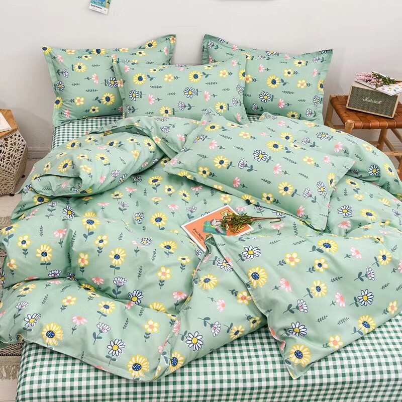 Bộ chăn ga gối cotton poly Lidaco decor phòng ngủ vintage - Hướng Dương Xanh SP001130