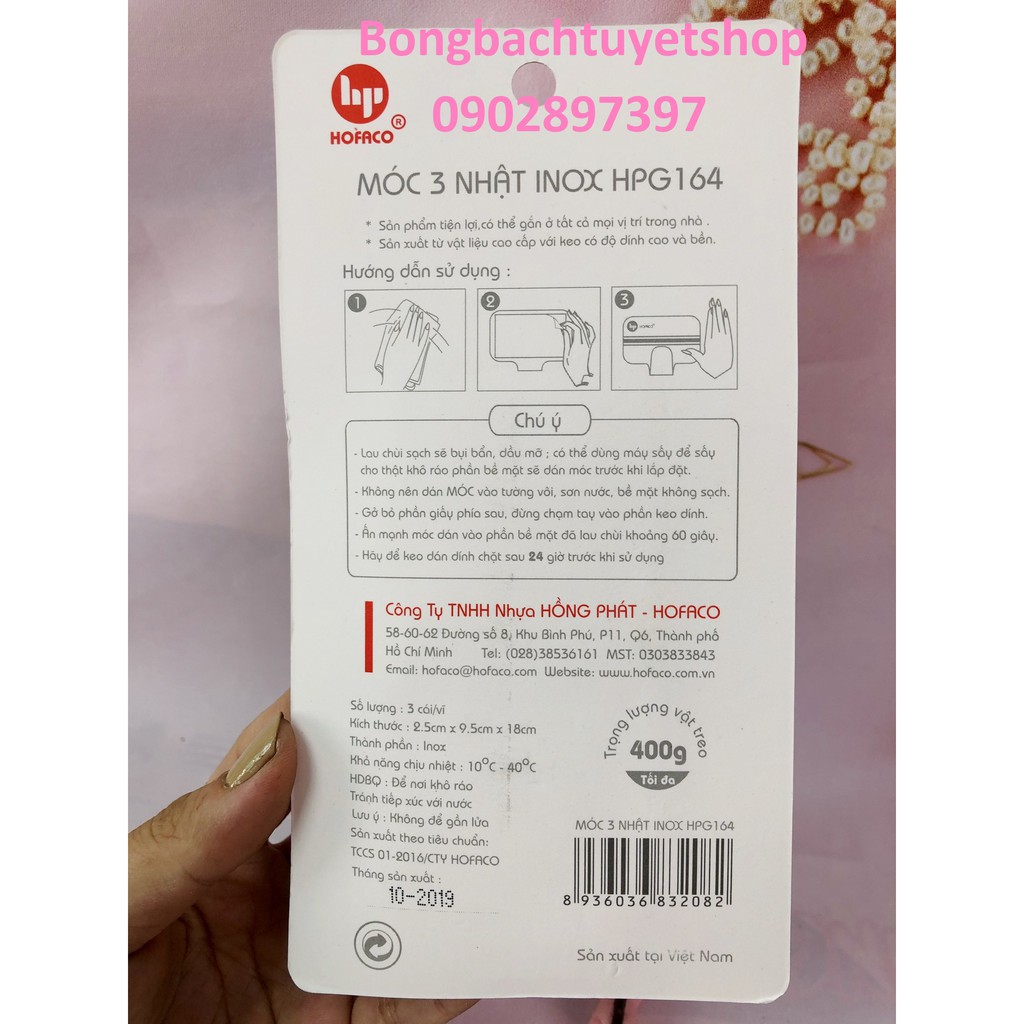 Móc treo dính tường inox cao cấp HOFACO - Móc 3 nhật inox HPG164 – Móc dán dính tường tiện lợi, đa năng