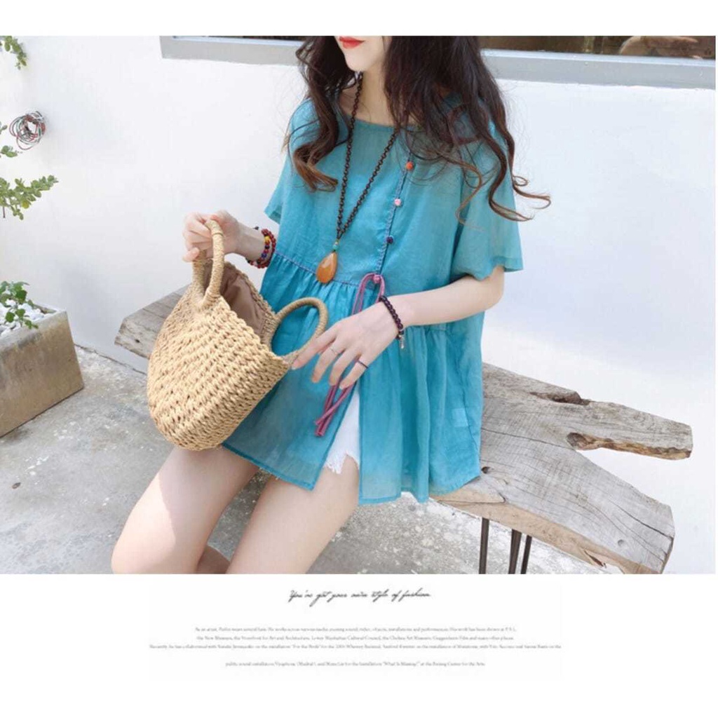 Áo Sơ Mi Cổ Tròn Dáng Rộng Mỏng Màu Sắc Ngọt Ngào Xẻ Tà Cài Khóa Phong Cách Phương Tây Cho Nữ