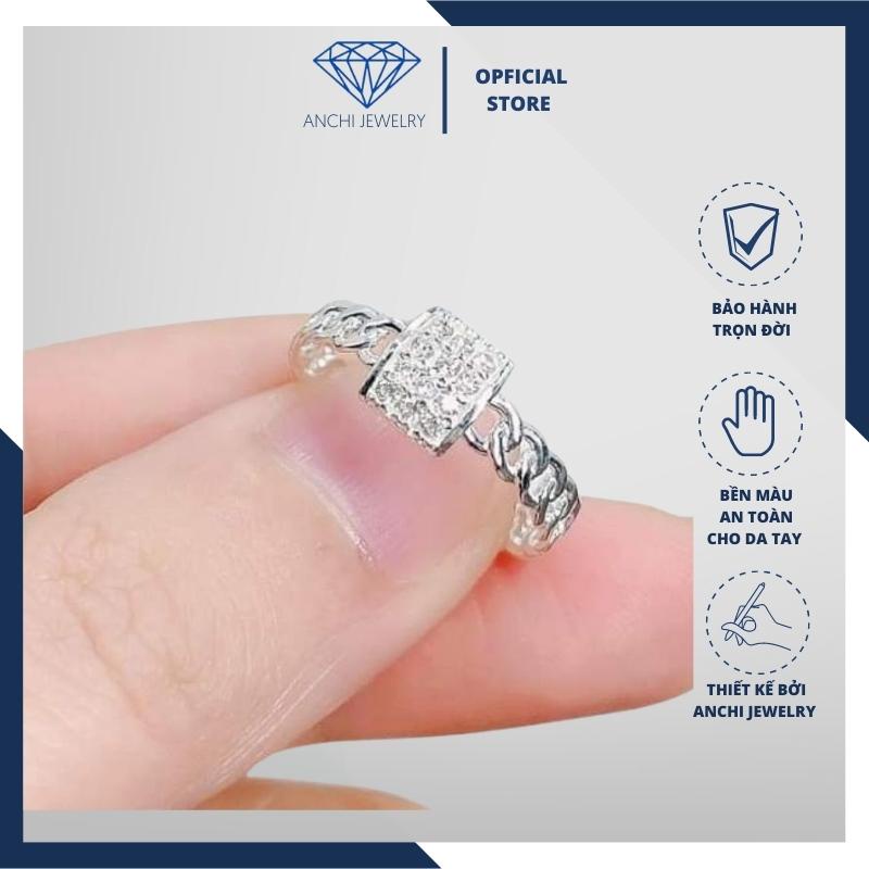 Nhẫn nữ mặt vuông thân xích đính đa, chuẩn bạc ta, Anchi jewelry