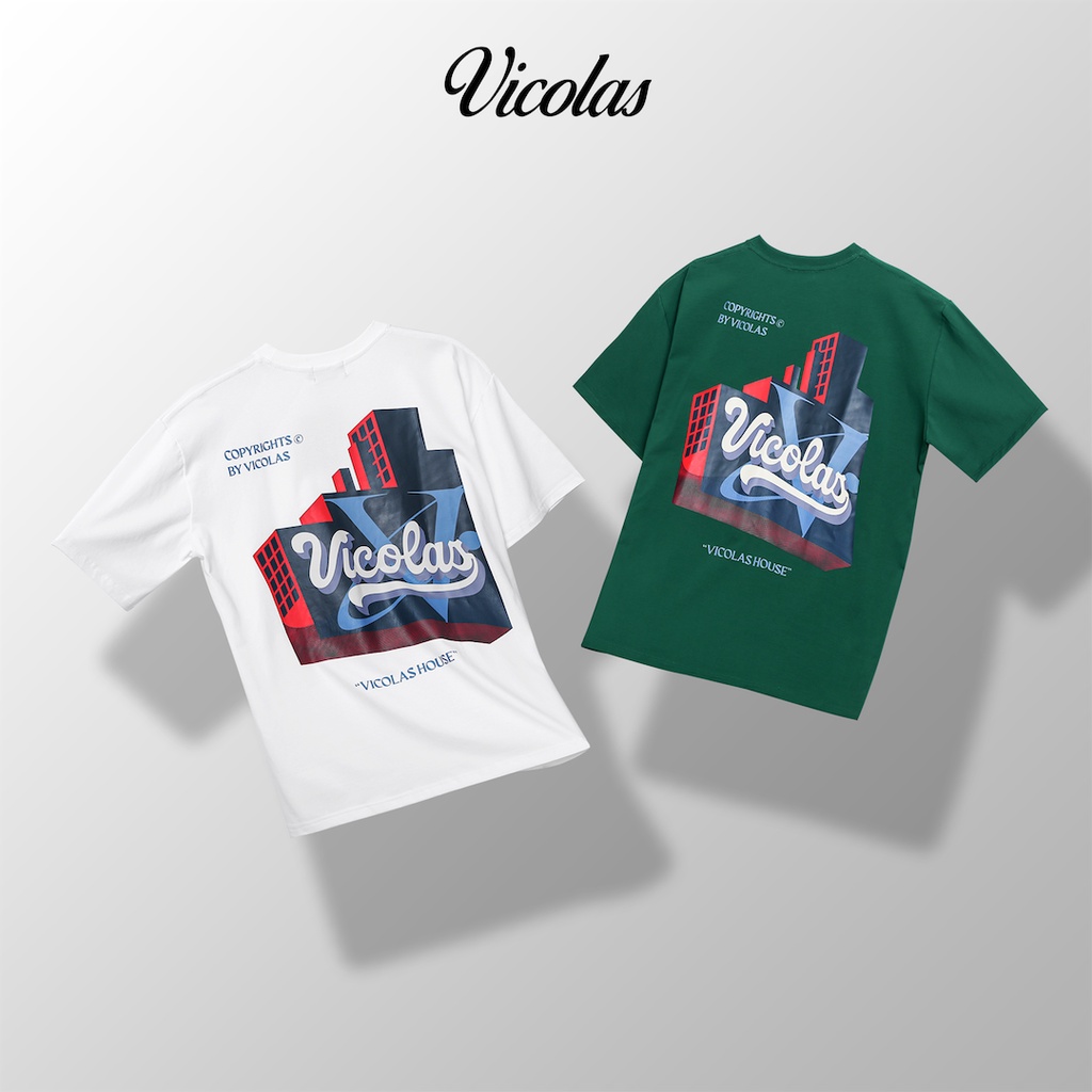 Áo thun unisex vải Cotton co giãn 4 chiều trắng xanh "VICOLAS HOUSE" V VICOLAS