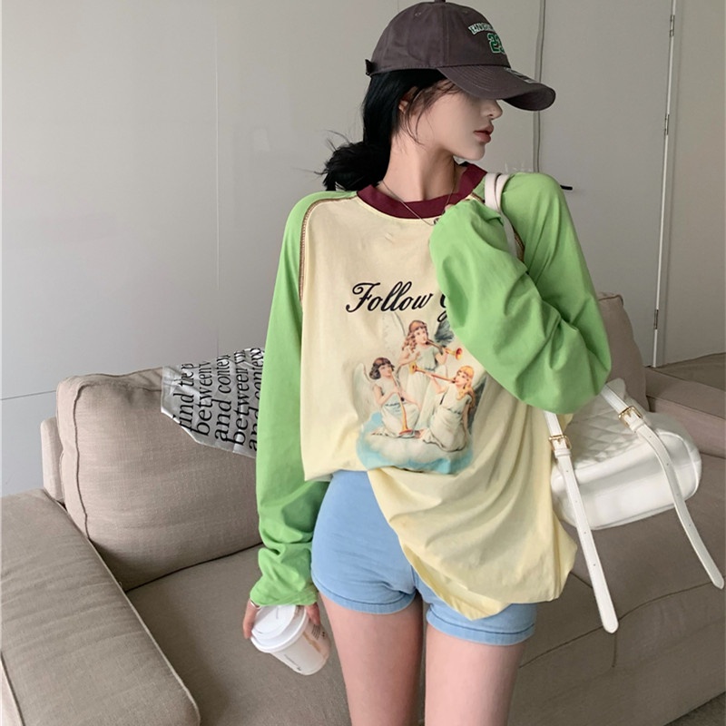 Áo Thun Tay Dài Dáng Rộng Màu Sắc Tương Phản Thời Trang Mùa Thu