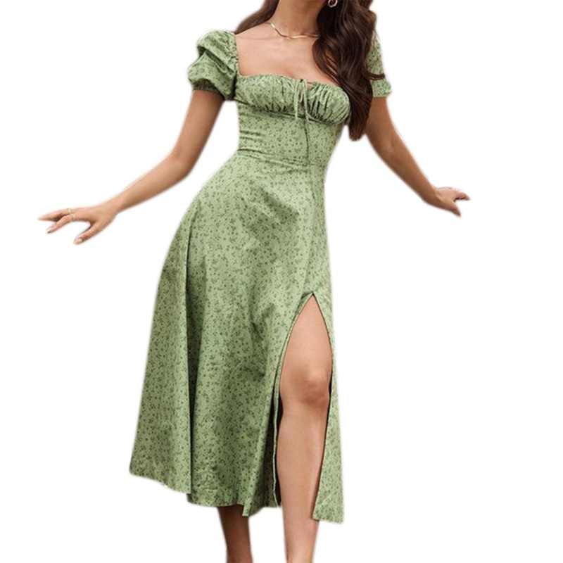 Đầm Midi Dáng Chữ A Tay Ngắn Cổ Vuông In Họa Tiết Hoa Phối Dây Cột Thời Trang Cổ Điển Quyến Rũ Cho Nữ