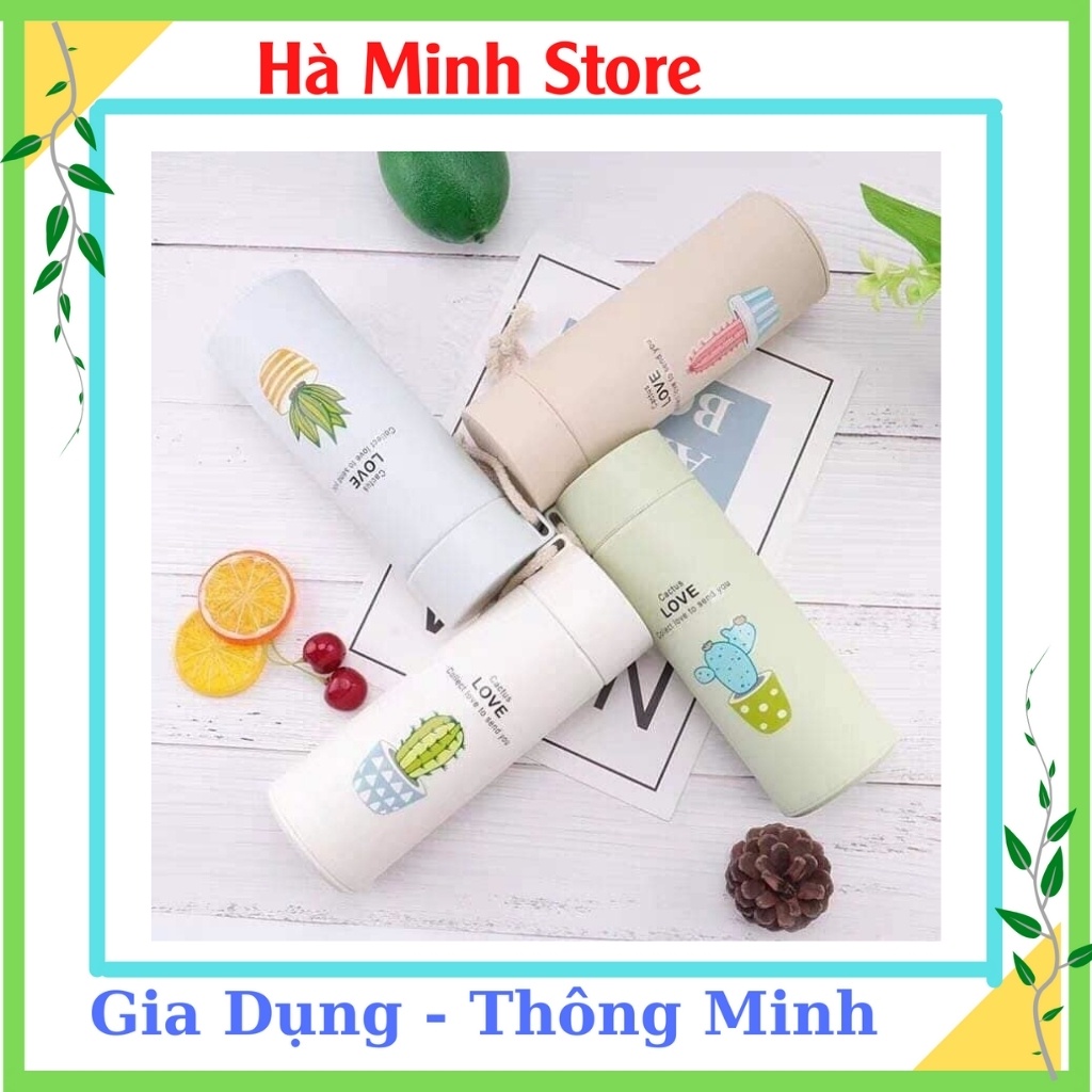 Bình Giữ Nhiệt Lúa Mạch 450ml Họa Tiết Xương Rồng, Lõi Thủy Tinh Bọc Nhữa, Giữ Nhiệt Lên Đến 5 Giờ - Gia Dụng Hà Minh