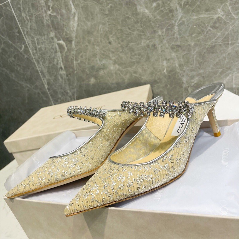 Giày cao gót mũi nhọn hở hậu dây quai đính đá nhỏ jimmy choo