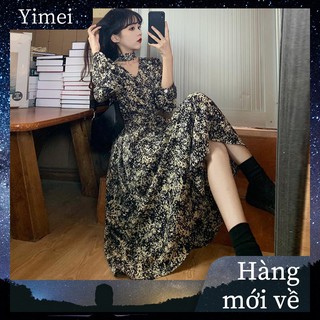 ⭐0412⭐ Retro long-sleeved V-neck floral dress