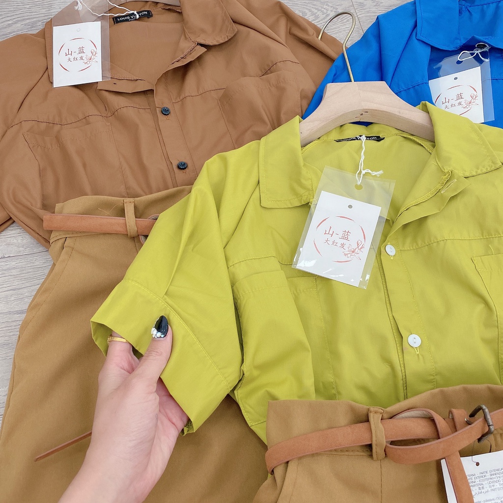 Set sơ mi xanh quần short nâu kèm đai thắt eo BN167