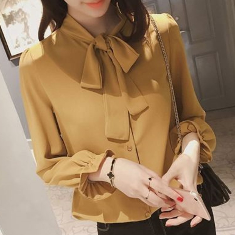 Áo Kiểu Tay Dài Chất Chiffon Phối Nơ Thiết Kế Màu Trơn Thanh Lịch