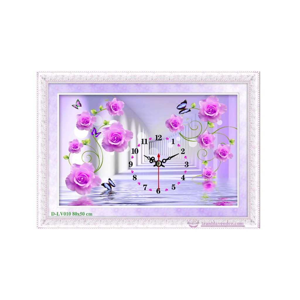 Tranh đính đá Đồng hồ hoa hồng tím 80x50