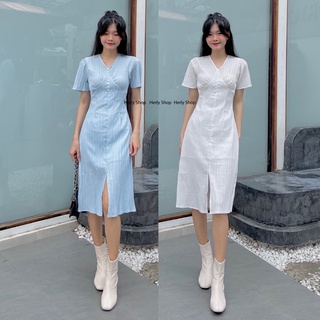 Đầm midi nhúng ngực tay bồng xẻ tà