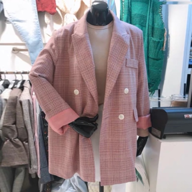 Ảnh thật/Order: Áo khoác Blazer kẻ Hồng cúc trắng Korea | BigBuy360 - bigbuy360.vn