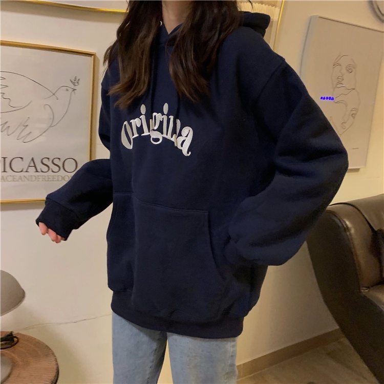 Áo hoodie tay dài dáng rộng in chữ phong cách Hàn Quốc mới dành cho nữ 2021