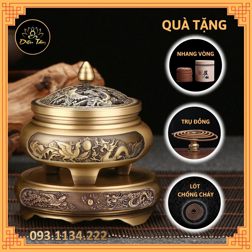 Lư xông trầm hương bằng đồng nguyên chất khắc rồng phượng tặng nhang vòng/ trầm nụ/ trụ cắm