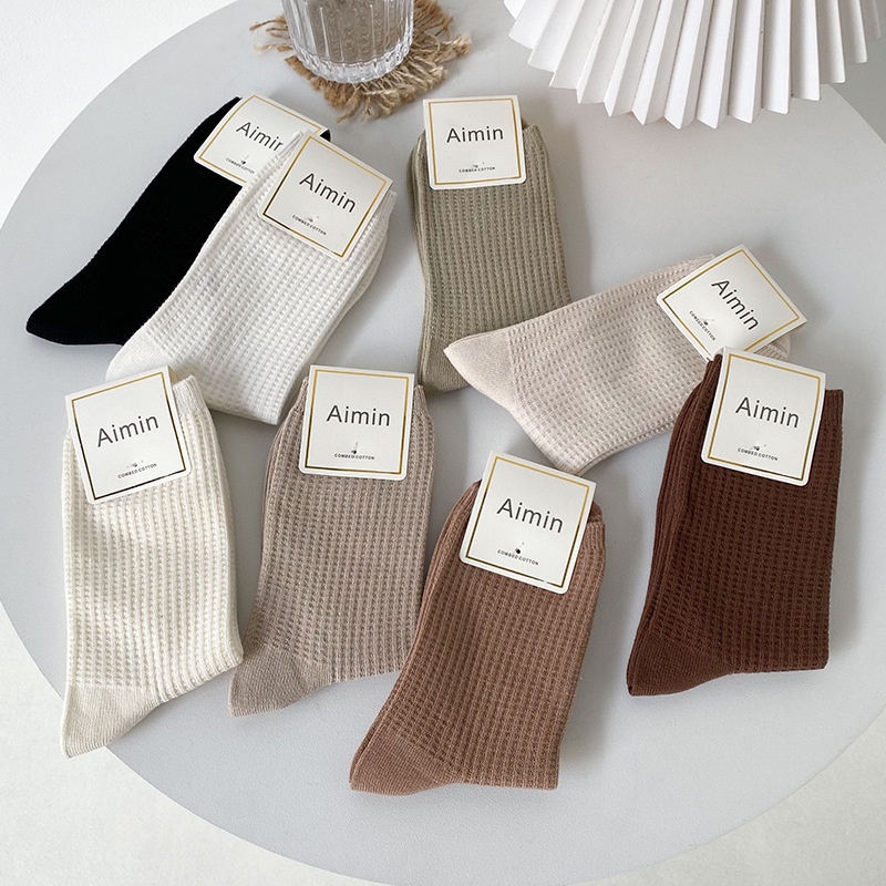 Vớ Cotton Cổ Vừa Màu Cà Phê Phong Cách Retro Mới