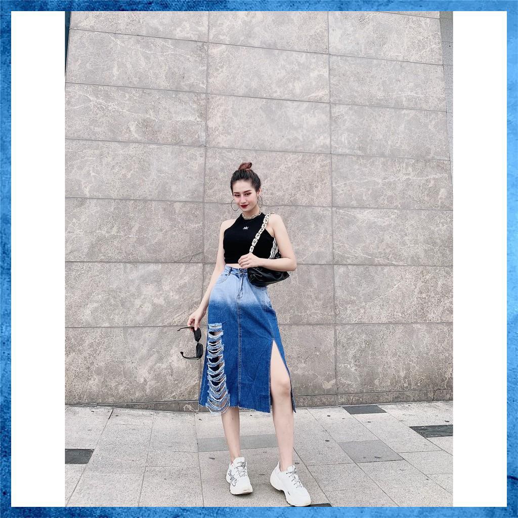 [Jeans nữ thiết kế] Chân váy jeans rách, chân váy bò dáng dài lưng cao túi chéo loang màu. Mã S8135 | BigBuy360 - bigbuy360.vn