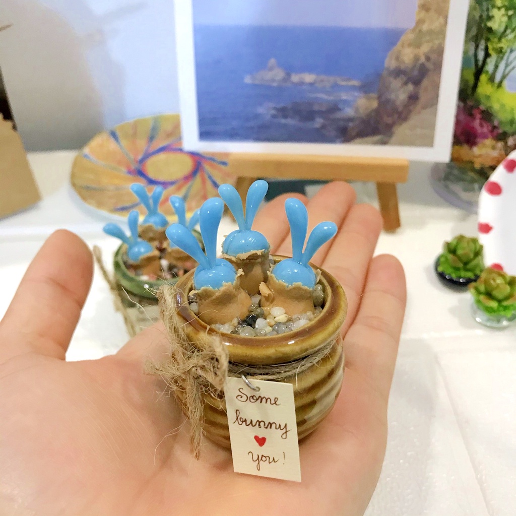 Chậu sen đá tai thỏ xanh da trời, sen đá đất sét handmade, kèm giftbox