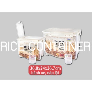 Hộp nhựa đựng đồ, thùng đựng gạo 10kg gạo, có 2 bánh xe, nắp kép khóa cài, lật mở của Thái 36,8x24x26,7cm 1399