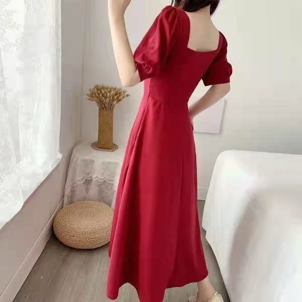 Đầm Dài Cổ Vuông Eo Cao Phong Cách Retro Pháp Thanh Lịch Dành Cho Nữ