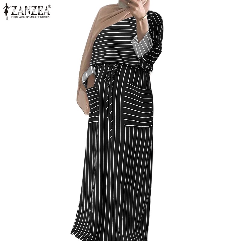 Zanzea Đầm Dài Họa Tiết Kẻ Sọc Có Túi Và Dây Rút Phong Cách Hồi Giáo Thời Trang Cho Nữ
